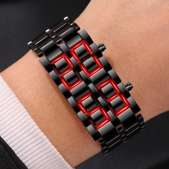 LED Digital Watch, Black & Red Stainless‎ Steel Lava Style, Samurai Bracelet - Picture 8 of 13